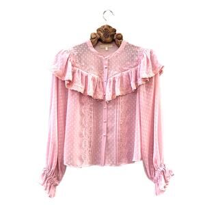 Love Shack Fancy Erika Top in Eros Pink Swiss Dot Ruffle Lace Billow Sleeve xs